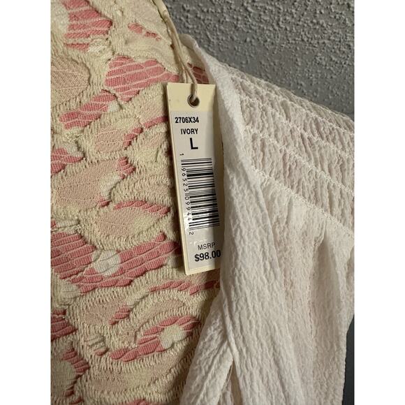 NWT Max Studio Smocked Tie Front Long Sleeve Blouse Ecru Ivory Sz Large $98 - Picture 5 of 9